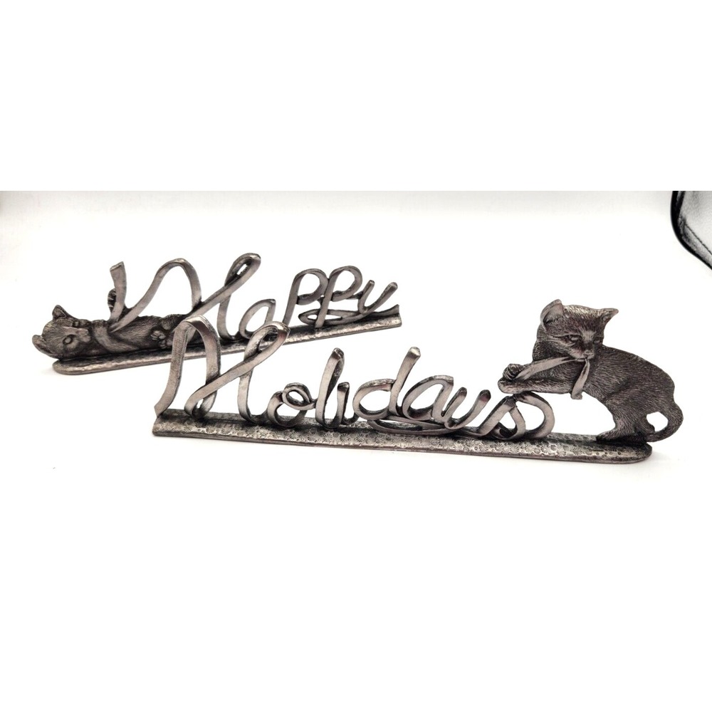 Metzke Pewter Playful Cats 1993 Happy Holidays Sign Set of 2 18" Long Cat Lady